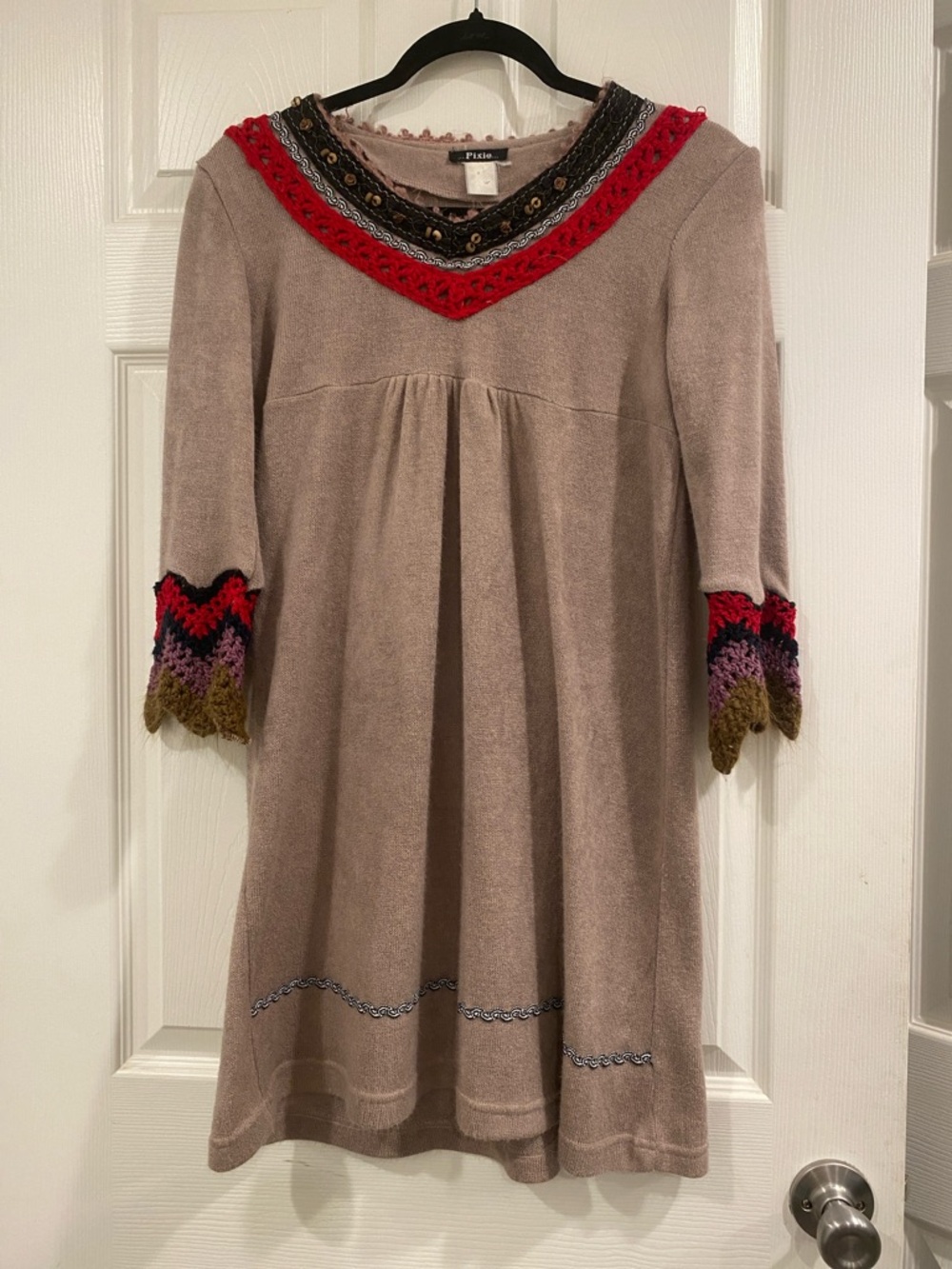 Girls' Taupe Knit Dress with Red Crochet Trim by Pixi